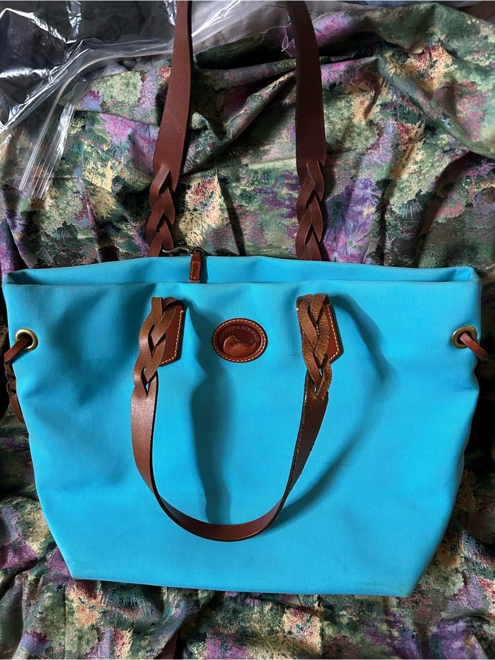 Dooney & Bourke Aqua Canvas Tote W/Brown Braided Handles & Accents